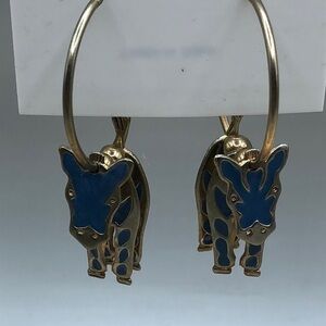 Retro gold and blue enamel zebra dangle charm hoop earrings - fun -new old stock